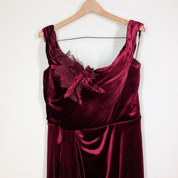 Marchesa Off The Shoulder Floral Appliqued Velvet Gown Burgundy Red Size 10 - Picture 6 of 16